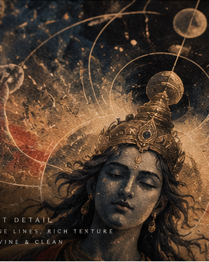 Close-up of the Vishwaroop back print in antique gold, ivory and indigo