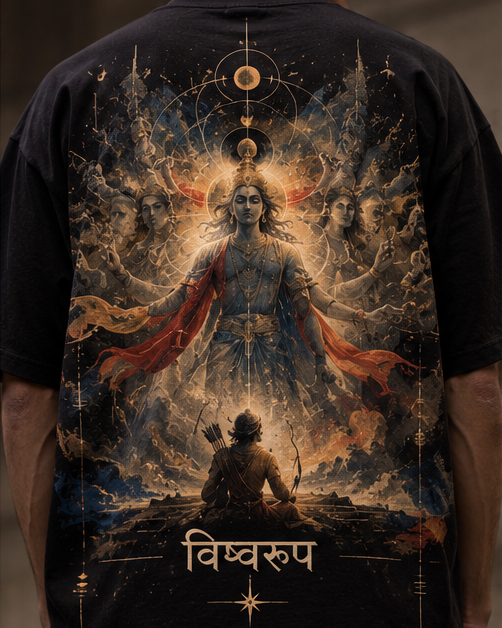 Back of the Vishwaroop tee: a serene Krishna face with closed eyes and a subtle cosmic halo